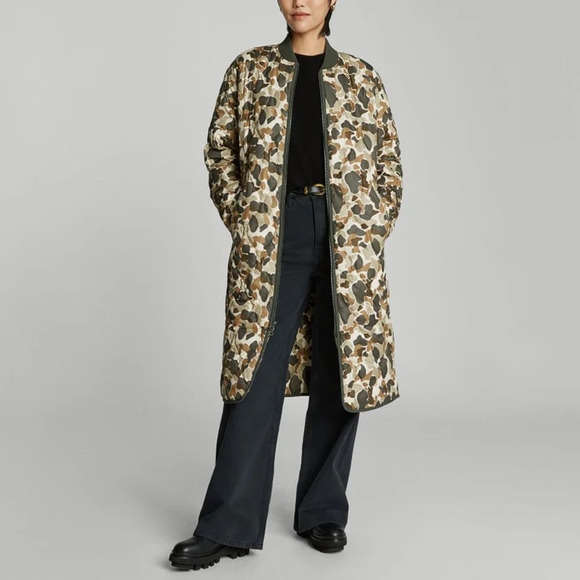 NWT Everlane The Renew Long Liner Zip Puffer Jacket Biscotti Camo Women Size XXS